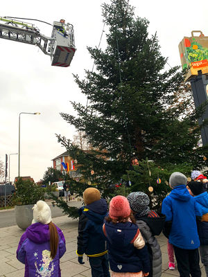Gespannt beobachten die Kita-Kinder der Christuskirchengemeinde, wie die Feuerwehr den oberen Teil des Baums schmückt.